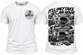 White Wrench Day shirt showing a chest logo and garage-themed back graphic reading It'll Only Take An Hour and 6 Hours Later