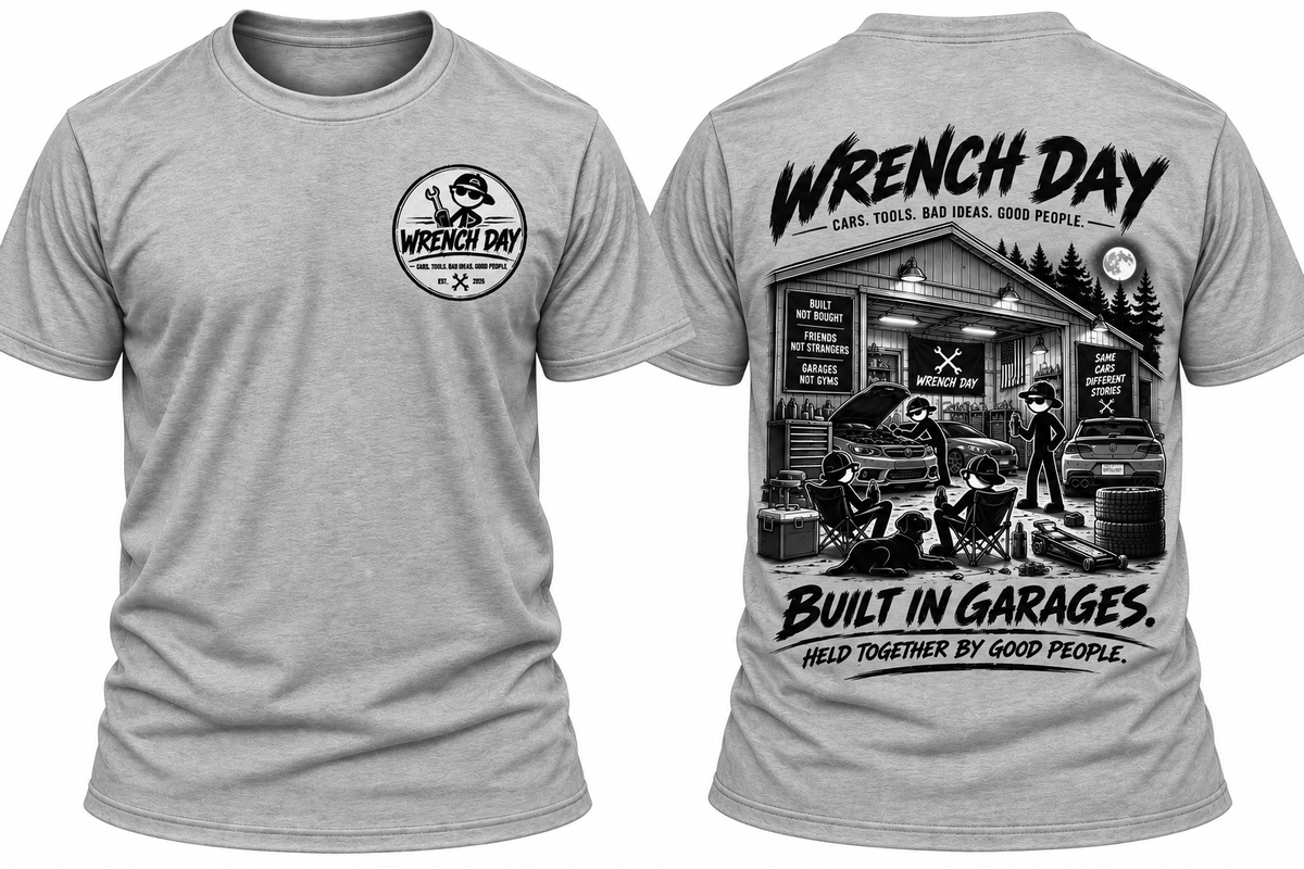 Grey WRENCH DAY Built in Garages T-shirt, front and back
