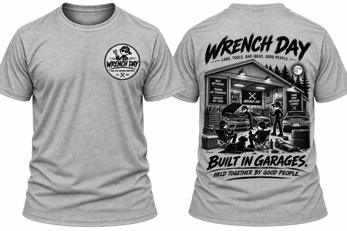 Grey WRENCH DAY Built in Garages T-shirt, front and back