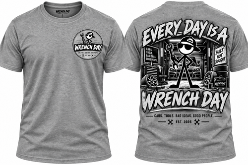 Gray Flag Ship Shirt showing the Wrench Day front chest logo and large back garage graphic